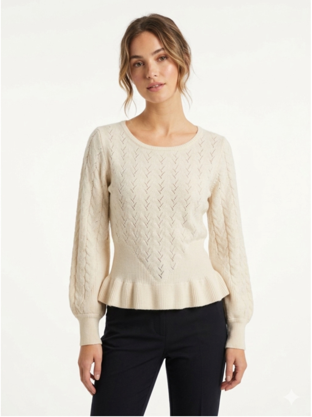 Cyrus Cream Knit Crewneck Sweater w/ruffle hem trendy work school soft stretch